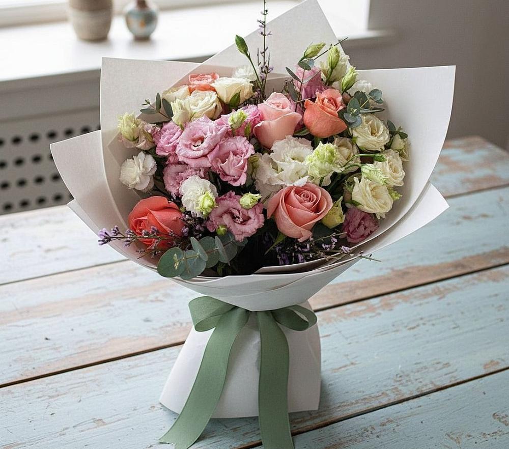 Букет цветов из: Розы, Лизиантусы и Гвоздики в Ишеевке